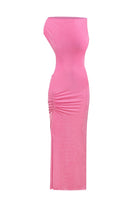 Pink sleeveless Aya dress with cut-out design on a white background, front view