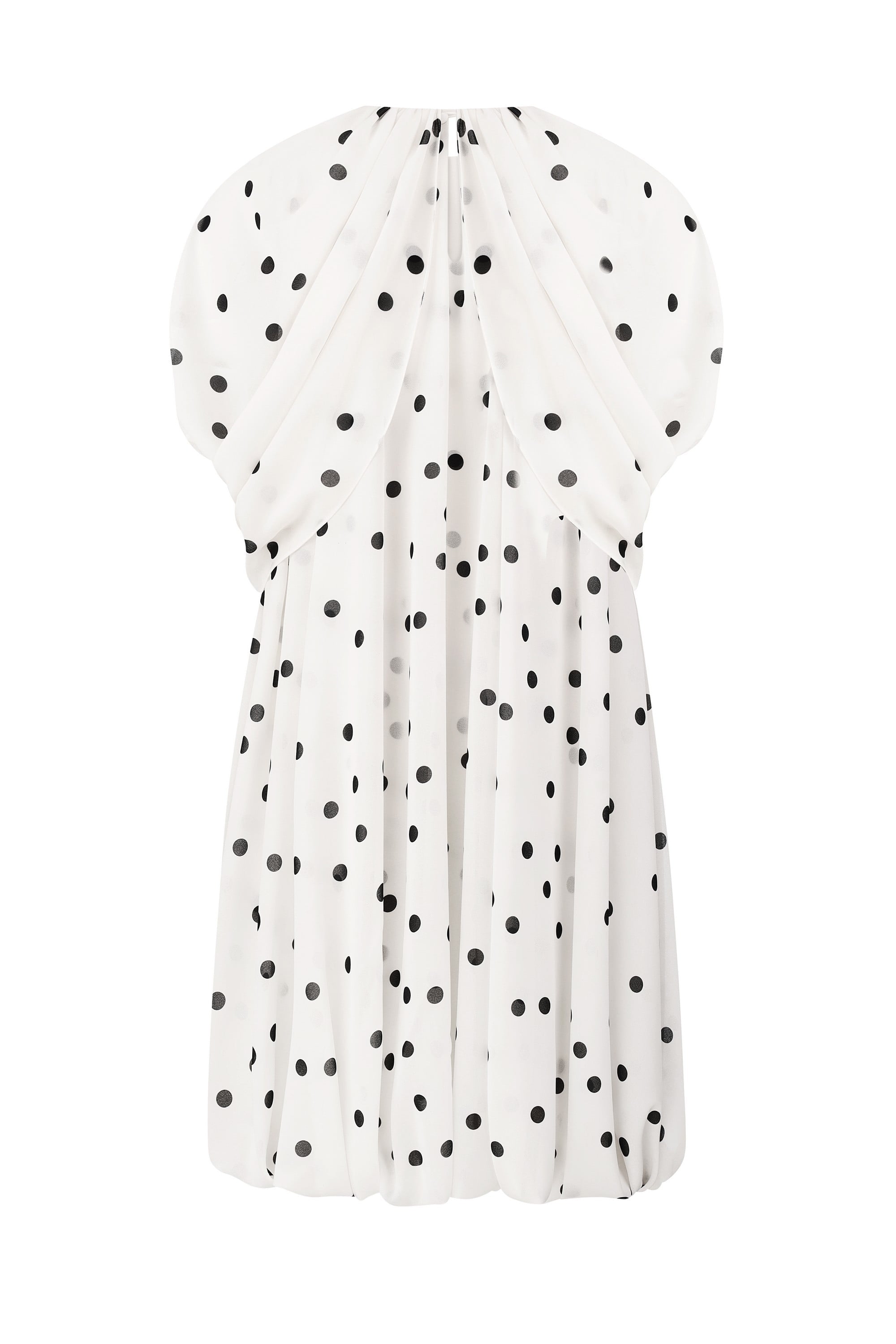 White Mio dress with black polka dots on a light gray background, back view
