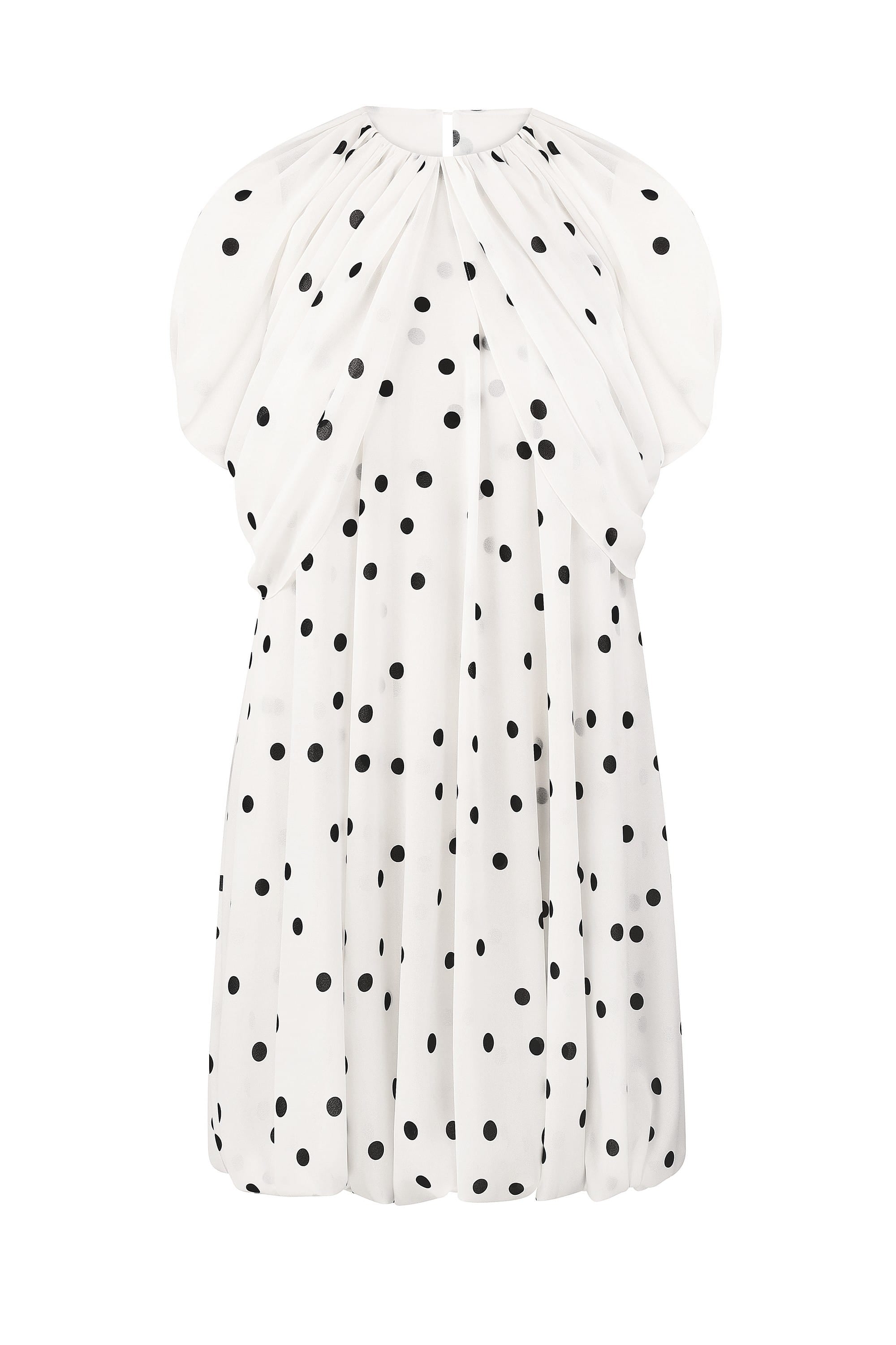 White Mio dress with black polka dots on a light gray background, front view