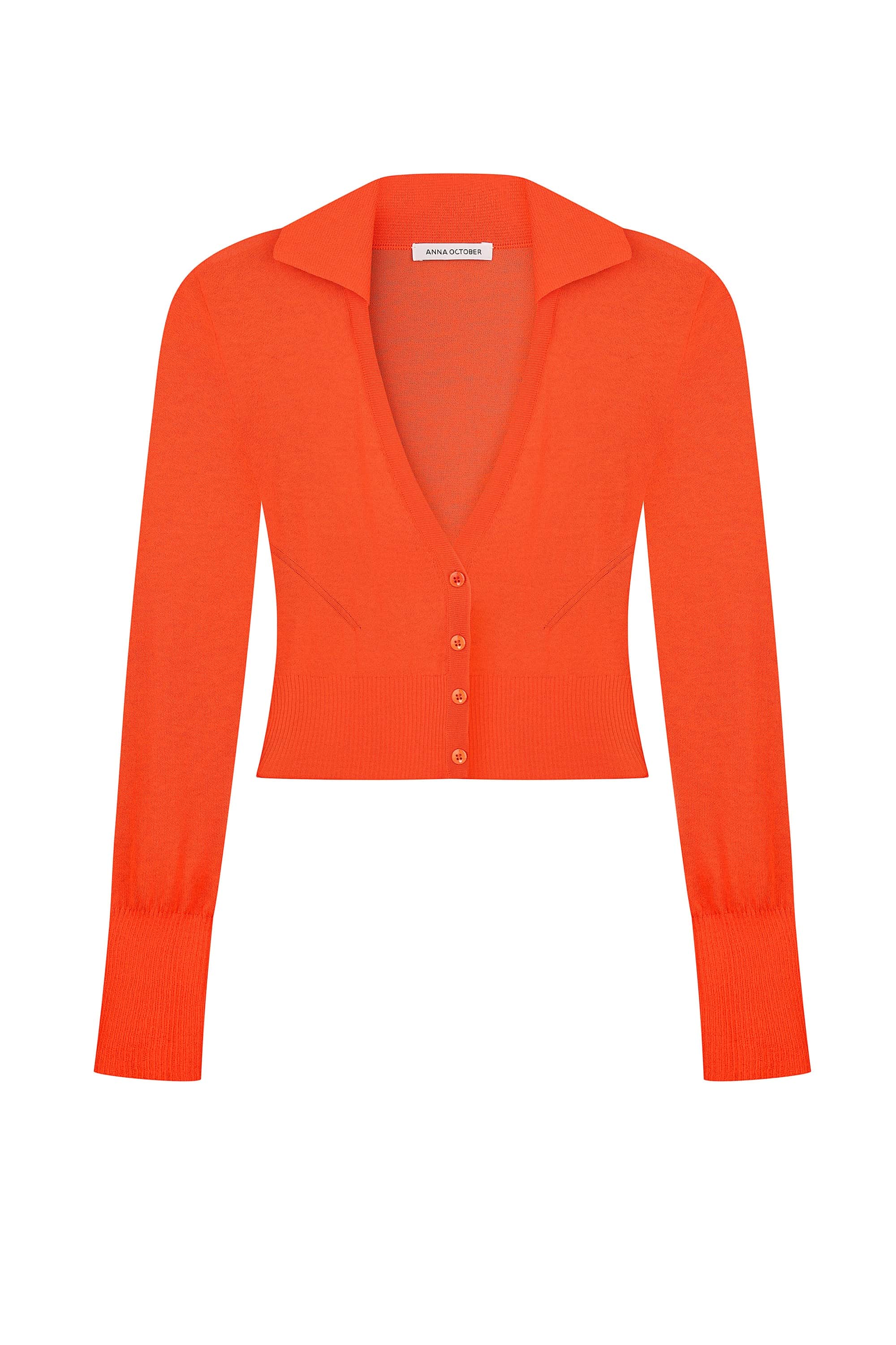 Orange Cecilia cardigan on a white background, front view