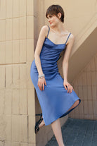 Model in blue Waterlily dress