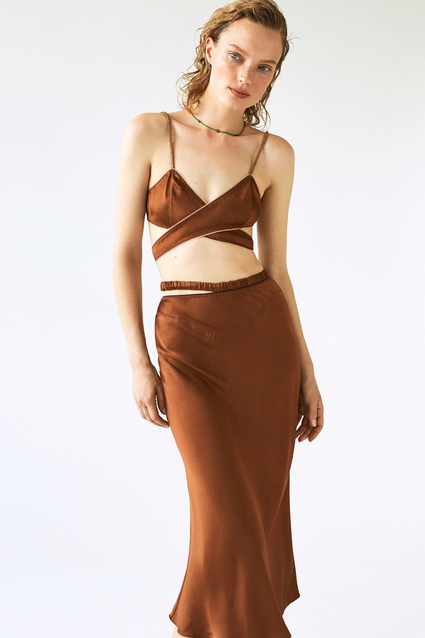 Model in brown Ophelia skirt