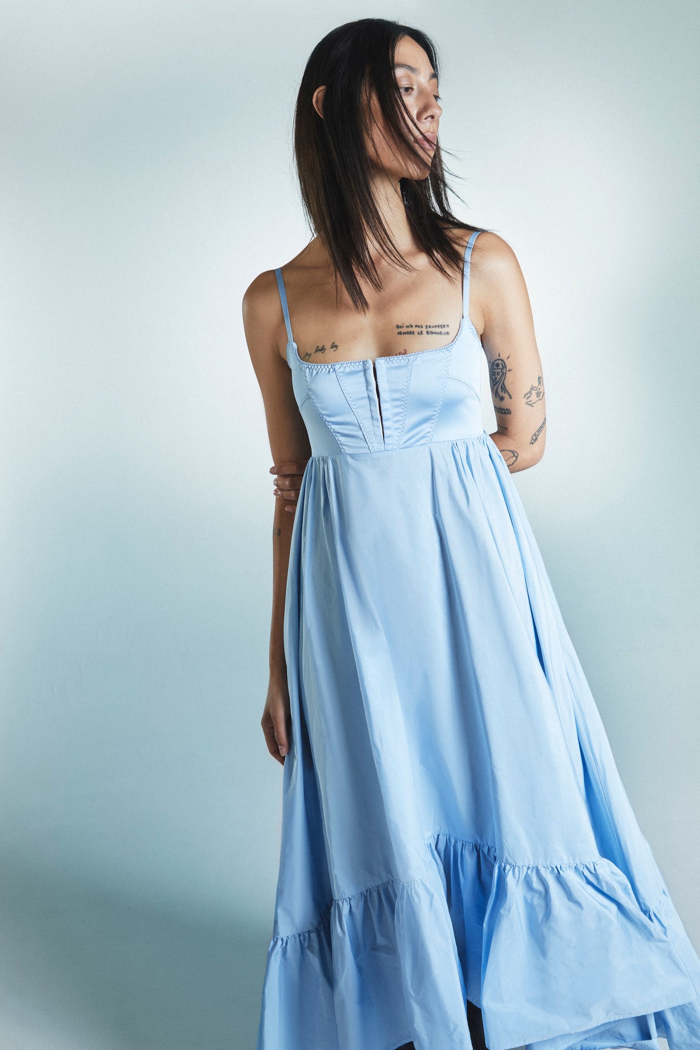 Model in baby blue Ciel dress