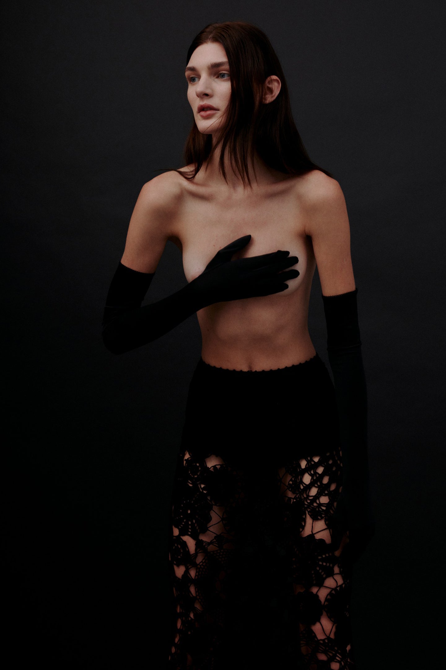 Model in black Rosalia skirt